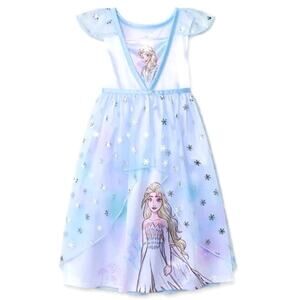 Disney Frozen Queen Elsa Light Blue Snowflake Tulle Toddler Girl Nightgown, Gown